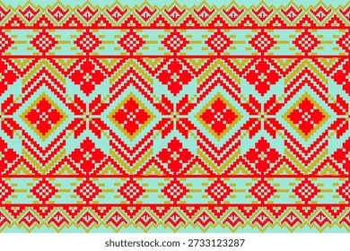 Ein nahtloses Design, das geometrische Formen verwendet, um ein Blumenmuster in rot zu erstellen, das rote Diamantformen aufweist.Symmetrisch angeordnet,
die gelben und roten Blumen entlang der oberen und unteren Ränder in diesem Muster spiegeln Volkskultur und alte Kunst. Geeignet für Textil-, Druck- und Home-Dekor-Unternehmen.