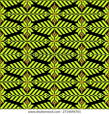 A seamless design using geometric shapes arranged in layers of yellow, forming a floral pattern against a black background. A truly handcrafted design, suitable for textiles, prints, home decor, 