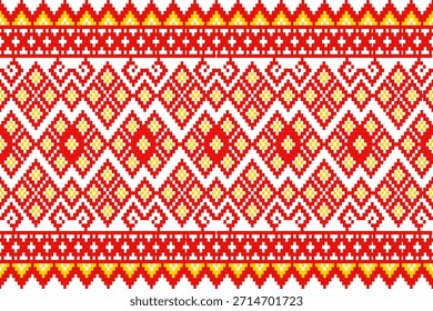Das nahtlose Design nutzt geometrische Formen und pixelierte Muster in symmetrischem Rot und Gelb, reich an kulturellem Einfluss. Es eignet sich für Mode, Textilien, Druck, Tapeten und Grafiken.