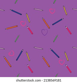 Seamless Design Vector
Blue, yellow, pink, red pencils. Purple and pink hearts. on a purple background.
Suitable for destroying fabrics, textiles, mugs, notebooks and wallpapers.
With copy space.