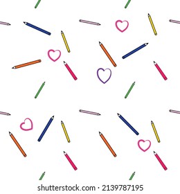 Seamless Design Vector.
Blue, yellow, pink, red pencils. Purple and pink hearts on a white background.
Suitable for destroying fabrics, textiles, mugs, notebooks and wallpapers.
With copy space.