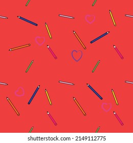 Seamless Design Vector.
Blue yellow pink pencils and pink hearts on a red background.
Suitable for destroying fabrics textiles mugs notebooks toys and wallpapers.
With copy space.