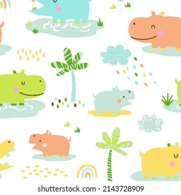 seamless design vector cute baby rhinoceros, cloud, rainy, palm tree, colorful