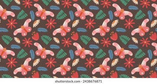 Seamless design with a whimsical moth, flowers, and leaves. Scandi style delicate folk recurring pattern suitable for printing on fabric, wrapping paper, and other applications.