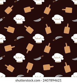 Seamless designer pattern depicting chef's hat, knife and chopping board