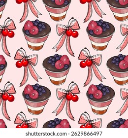 Seamless Dessert Pattern with Berries and Cherry Bows. Cute Parfait and Cherry Pattern on Pink Background