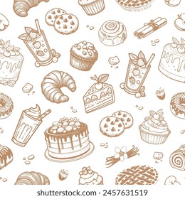 Seamless dessert pattern. Cake, cheese cake, apple pie, cookies, cinnamon roll, croissant, doughnut, muffin, smoothie, milkshake. Suitable for wrapping paper, background, textile 