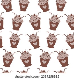 Seamless dessert pattern with cocktail straw, decoration and cream in monochrome trendy chocolate