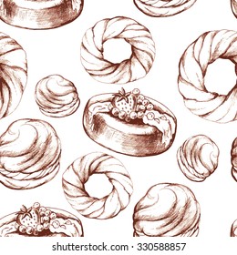 Seamless desserts pattern with baked goods. Croissant, Eclair, cake and Donuts, hand drawn vector illustration.