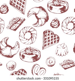 Seamless desserts pattern with baked goods and candy. Croissant, Cakes, Belgian, Chocolate, Candy, Waffle and Donuts, hand drawn vector illustration.