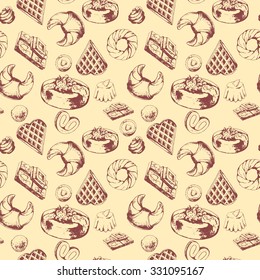 Seamless desserts pattern with baked goods and candy. Croissant, Cakes, Belgian, Chocolate, Candy, Waffle and Donuts, hand drawn vector illustration.