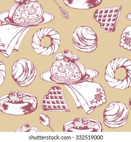 Seamless desserts pattern with baked goods and cakes. Cakes, Belgian Waffle and Donuts, hand drawn vector illustration.