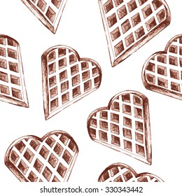 Seamless desserts pattern with belgian waffle. Hand drawn vector illustration.