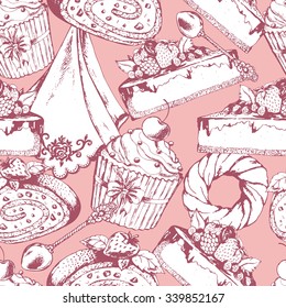 Seamless desserts pattern with cakes, cupcakes and donuts. Hand drawn vector illustration in vintage style.