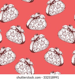 Seamless desserts pattern with cakes, hand drawn vector illustration.