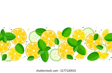 Seamless detox pattern. Citrus fruit, mint leaves, cucumber border on white background. Flat vector repeated isolated illustration For cafe menu, pack design, print design, poster, web banner