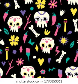 Seamless dia de los muertos pattern on black background. Halloween vector pattern with skulls, bones and flowers. Colorful dia de los muertos background.