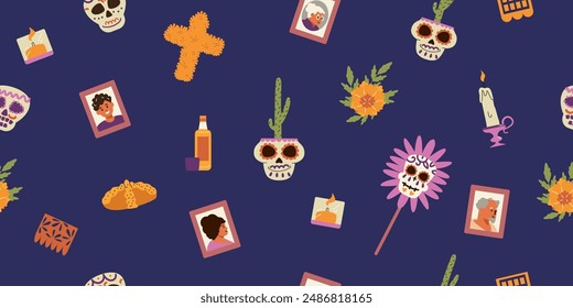 Seamless Dia de los Muertos background. Includes sugar skull, marigolds, candles. Suitable for decorative background or textile design for traditional Day of the Dead festival. Flat style.