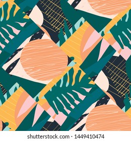 Seamless diagonal abstract pattern with floral and geometric modern elements. Contemporary tropical illustration for summer design.