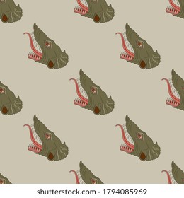 Seamless diagonal animal pattern with heads of fantastic monster beasts. Medieval motif.