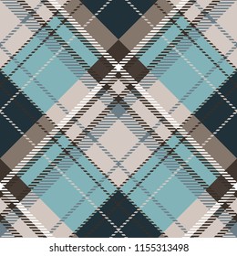 Seamless diagonal blue and brown classic textile check madras pattern vector