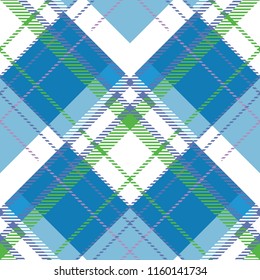 Seamless diagonal blue green and white classic textile check madras pattern vector