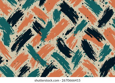 Seamless Diagonal brush strokes in orange, teal and black create dynamic repeating pattern.