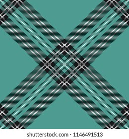 Seamless diagonal cyan blue black and white classic textile detailed tartan woven plaid pattern vector