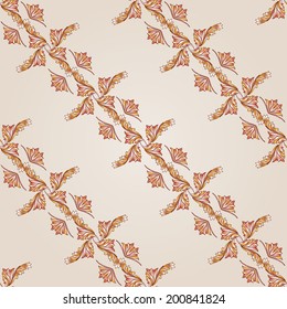 Seamless diagonal foliate pattern of brown henna on beige background