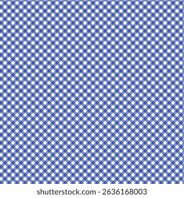 Seamless diagonal gingham pattern in blue and white, great for classic fabrics, tablecloths, crafts, packaging, or digital backgrounds.
