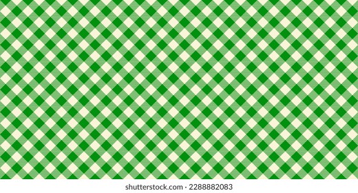 Seamless diagonal gingham pattern. Green and white slanted vichy cage background. Checked tweed plaid repeating wallpaper. Fabric texture design. Vector 