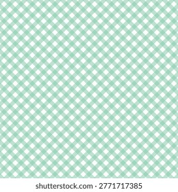 A seamless diagonal gingham pattern of mint green and white squares. Scalable vector format suita...