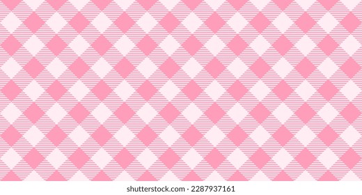 Seamless diagonal gingham pattern. Pale pink and white slanted vichy cage background. Checked tweed plaid repeating wallpaper. Fabric texture design. Vector 