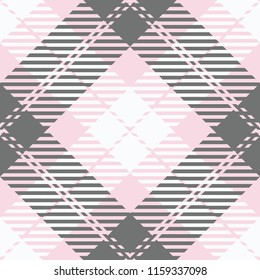 Seamless diagonal gray and pink classic Scottish check plaid ethnic textile pattern vector