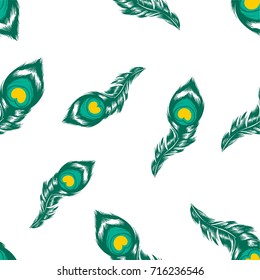 seamless diagonal green tosca peacock feather on white background