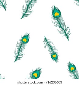 seamless diagonal green tosca peacock feather on white background