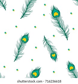 seamless diagonal green tosca peacock feather on white background with green tosca polka dot decoration