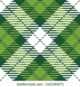 Seamless diagonal green and white classic Scottish check plaid ethnic textile pattern vector