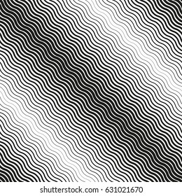 Seamless diagonal halftone background. Black and white wavy texture.