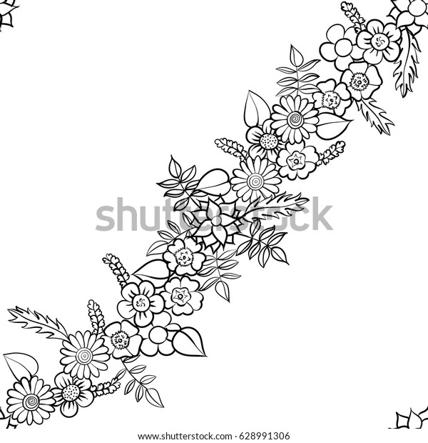 Seamless Diagonal Line Vector Blackwhite Flowers Stock Vector (Royalty