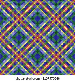 Seamless diagonal multicolor pattern in blue, violet, green, red and yellow hues, vector as a fabric texture