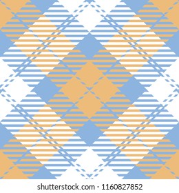 Seamless diagonal orange blue and white classic Scottish check plaid ethnic textile pattern vector