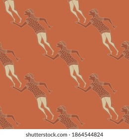 Seamless diagonal pattern with ancient Greek or Etruscan motifs. Dancing or running people. Vase painting style.