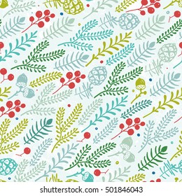 Seamless diagonal pattern with berries, pine cones, acorns and branches. Christmas vector illustration in vintage style.