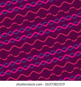 A seamless diagonal pattern of colorful wavy lines. the color is pink, magenta, and purple on a dark purple background.
