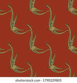 Seamless diagonal pattern with fantastic medieval dragons. Gothic illuminated manuscript style.