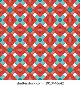 Seamless diagonal pattern with mosaic ornament in red and blue tones. Vector illustration