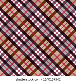 Seamless diagonal pattern with red, magenta, brown and grey lines on the beige background, vector as a fabric texture