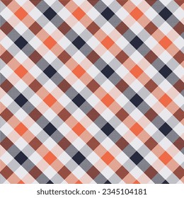 Seamless diagonal pixel plaid and checkered patterns in dark blue orange and white for textile design. Pixel plaid pattern with square shapes graphic background for a fabric print. Vector design.