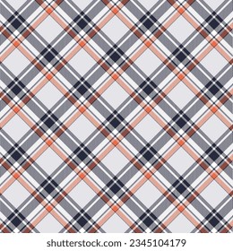Seamless diagonal plaid and checkered patterns in dark blue white and orange for textile design. Tartan plaid pattern graphic background for a fabric print. Vector design.